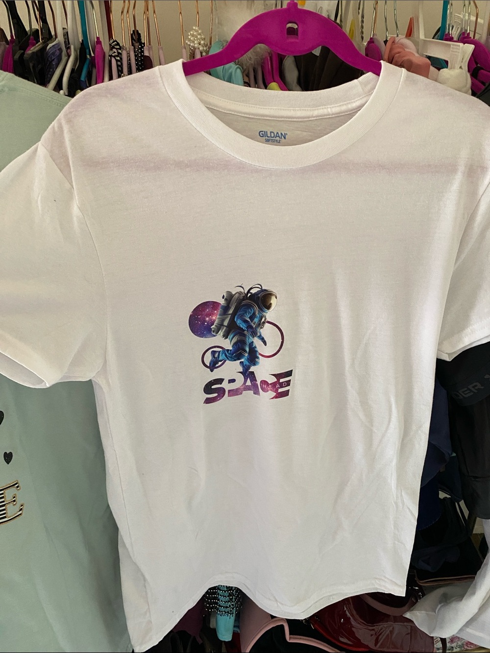 Gildan White Tee with Purple & Blue Galaxy Astronaut Graphic